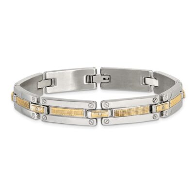 Steel and Diamond Mens Bracelet with Basket Weave Pattern